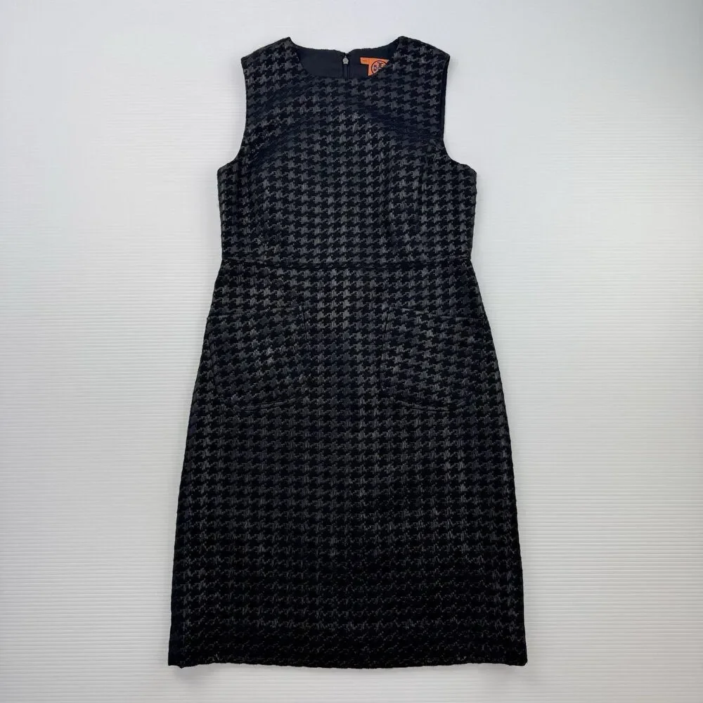 Tory Burch Fletcher Metallic Houndstooth Sheath Dress Size 10 Black Gray